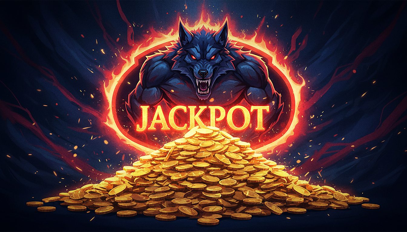 pile of gold coins and a glowing jackpot sign